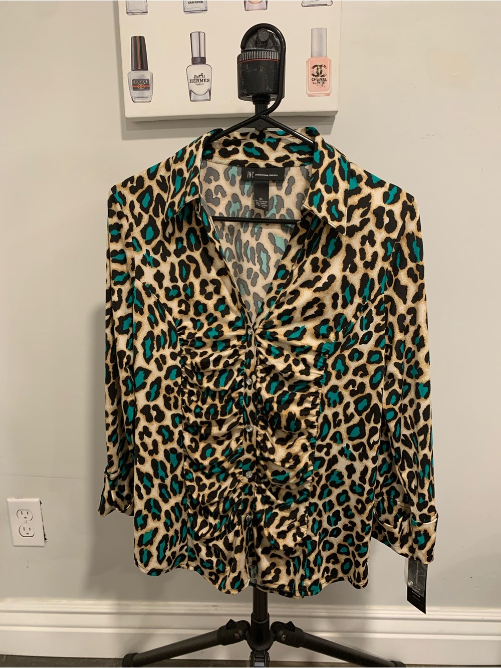 INC International Concepts Teal Leopard Ruched Button-Front Blouse -GB009